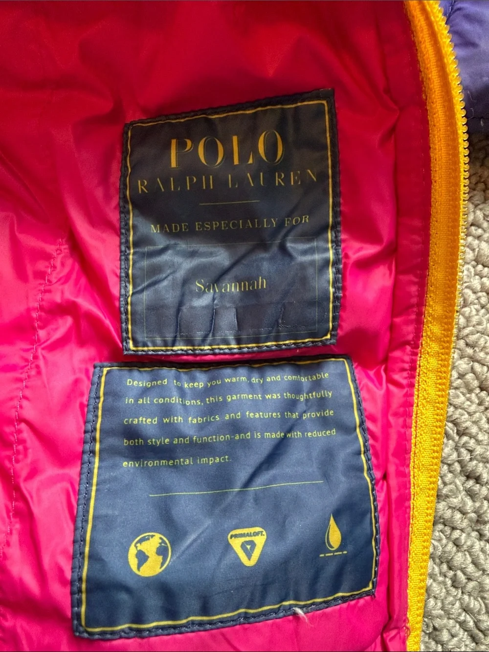 Ralph Lauren Kids Hooded Puffer Jacket in Hot Pink & Purple with Yellow Trim